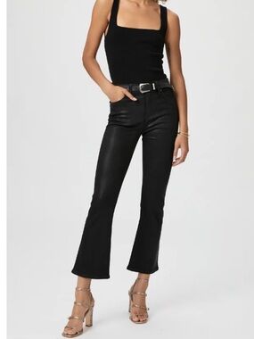 PAIGE Claudine High-Rise Ankle Flare Pants Black Fog Luxe Coated Size 26
